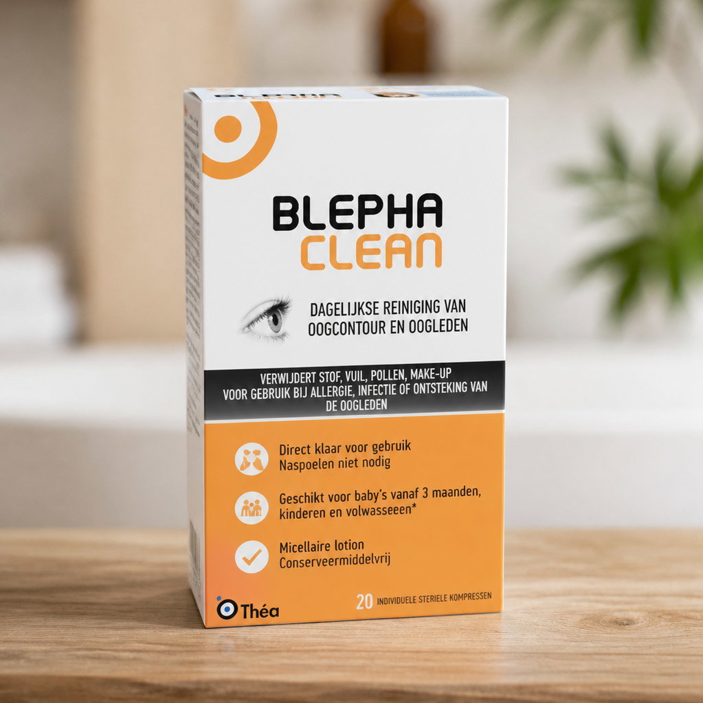 Box of Blepha Clean eyelid cleansing wipes - 20 sterile compresses in orange-white packaging on a wooden table