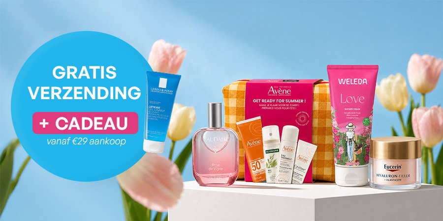 Promotional summer beauty gift set of skincare and perfume displayed with tulips and a 'free shipping + gift' badge