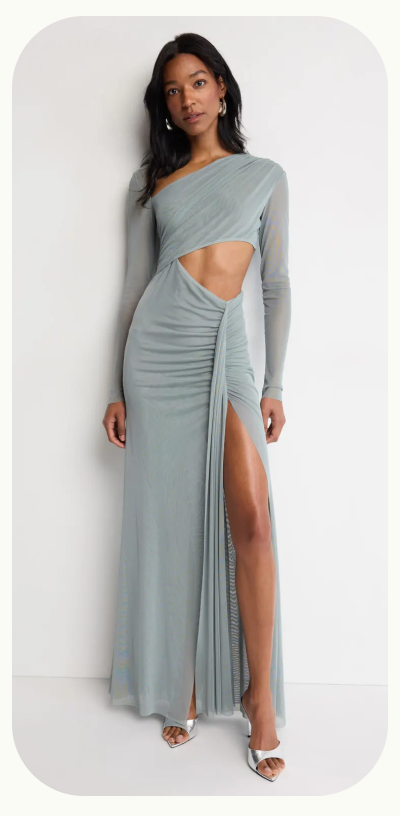 Mesh Asymmetric Cut Out Ruched Gown