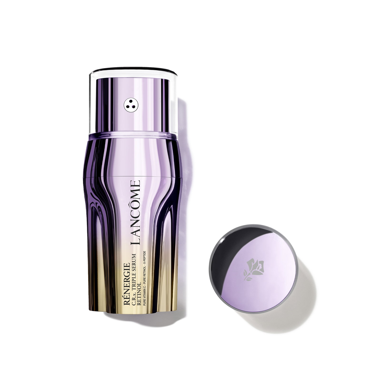 Flacone a gradiente lilla-oro con nervature verticali e tappo circolare lavanda inciso con la rosa Lancôme. Rénergie C.R.x. Triple Serum Retinol su fondo bianco.