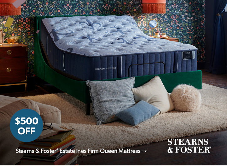 500 dollars OFF. Click to shop the Stearns and Foster Estate Ines Firm Queen Mattress