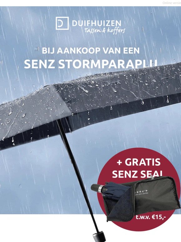 Tijdelijke deal:  Gratis Senz Seal t.w.v. €15 bij je nieuwe stormparaplu