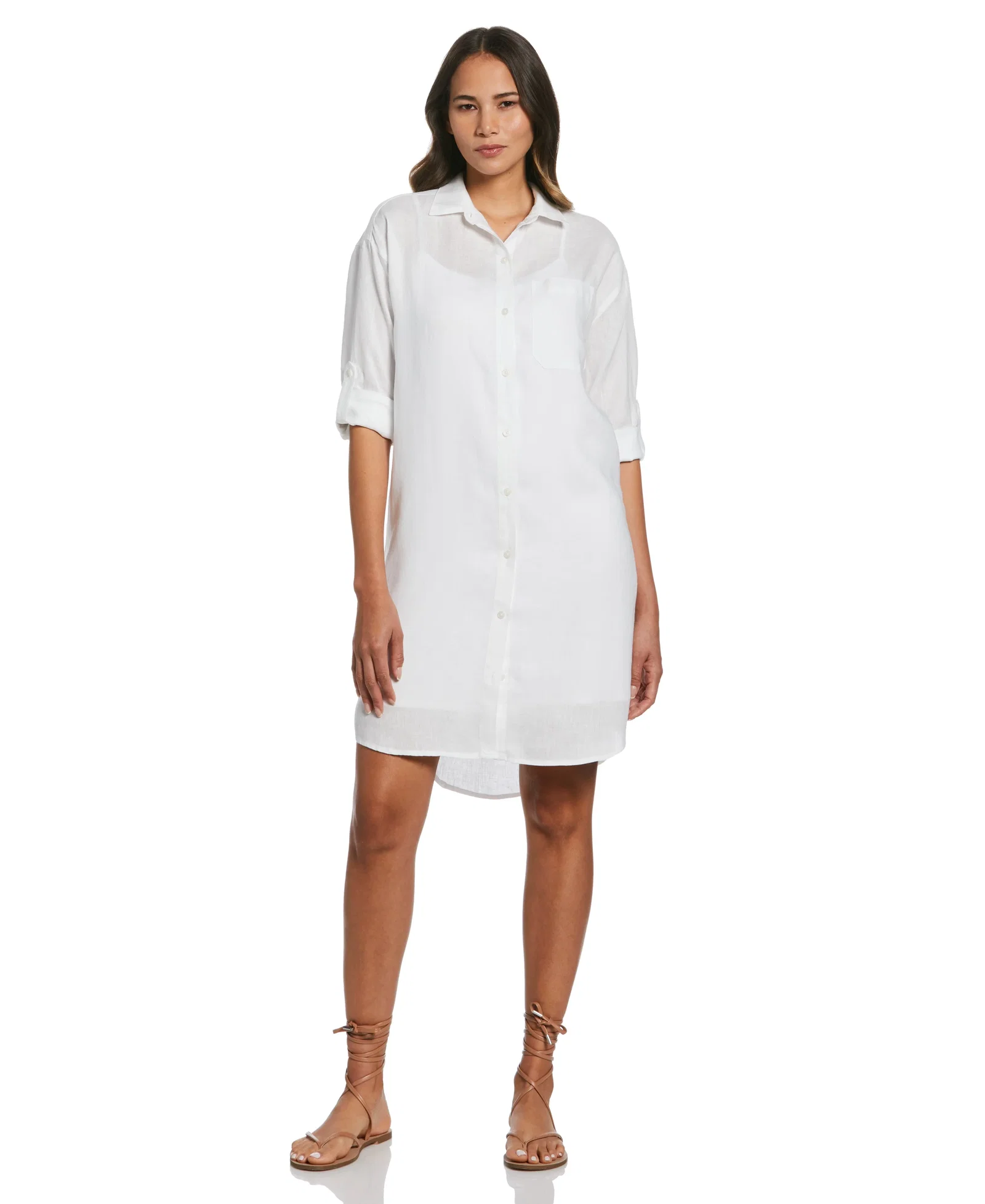 Image of Roll Sleeve Linen Shirt Dress