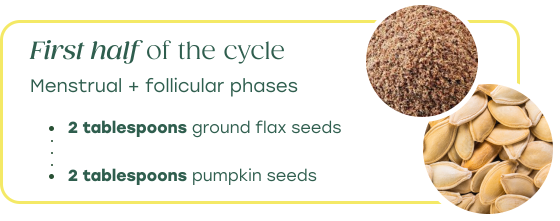 First half of the cycle | Menstrual + follicular phases | 2 tablespoons ground flax seeds | 2 tablespoons pumpkin seeds 