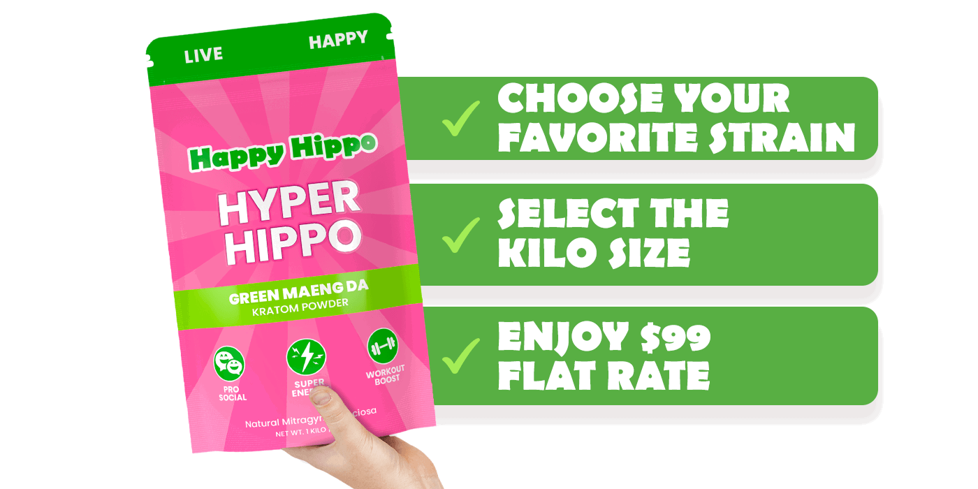 Happy Hippo Green Maeng Da kratom powder pack 
