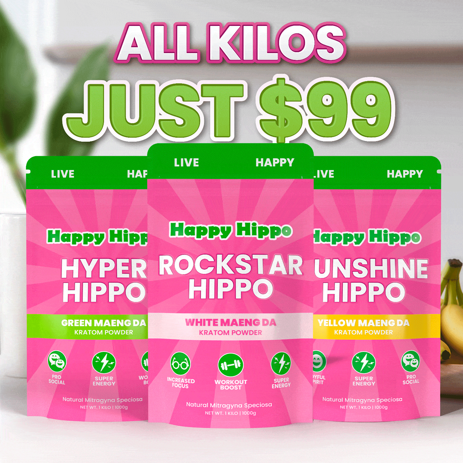 Kratom powder kilo bags with “All Kilos Just $99” promotional banner