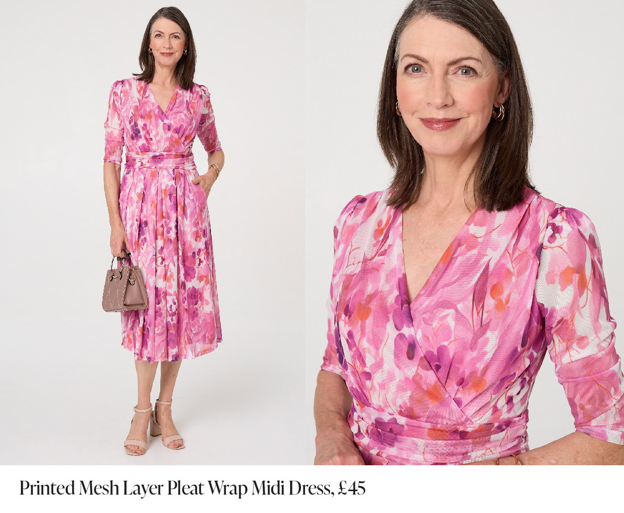Printed Mesh Layer Pleat Wrap Midi Dress | Shop Now