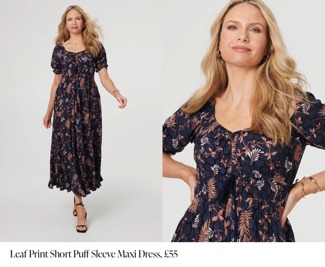 Leaf Print Short Puff Sleeve Maxi Dress | Shop Now