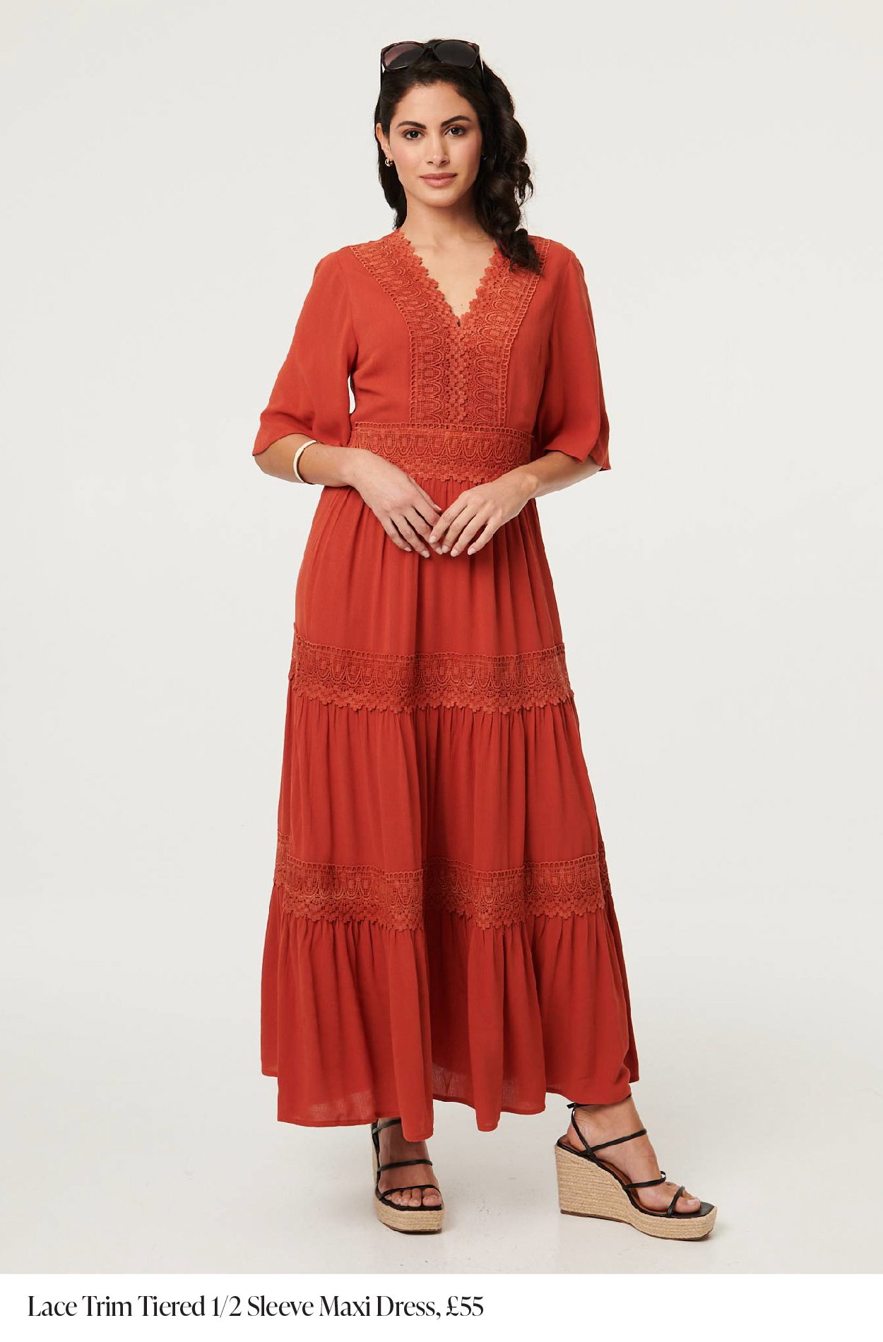 Lace Trim Tiered 1/2 Sleeve Maxi Dress | Shop Now