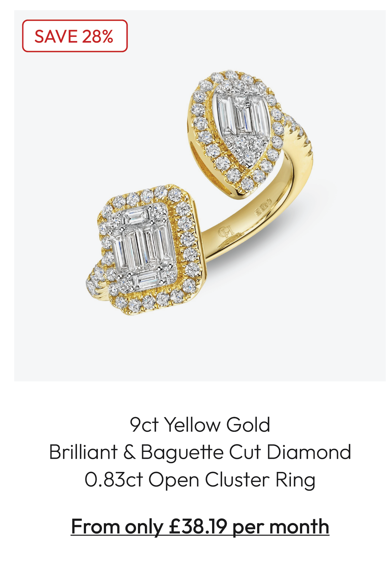 9ct Yellow Gold Brilliant And Baguette Cut Diamond 0.83ct Open Cluster Ring