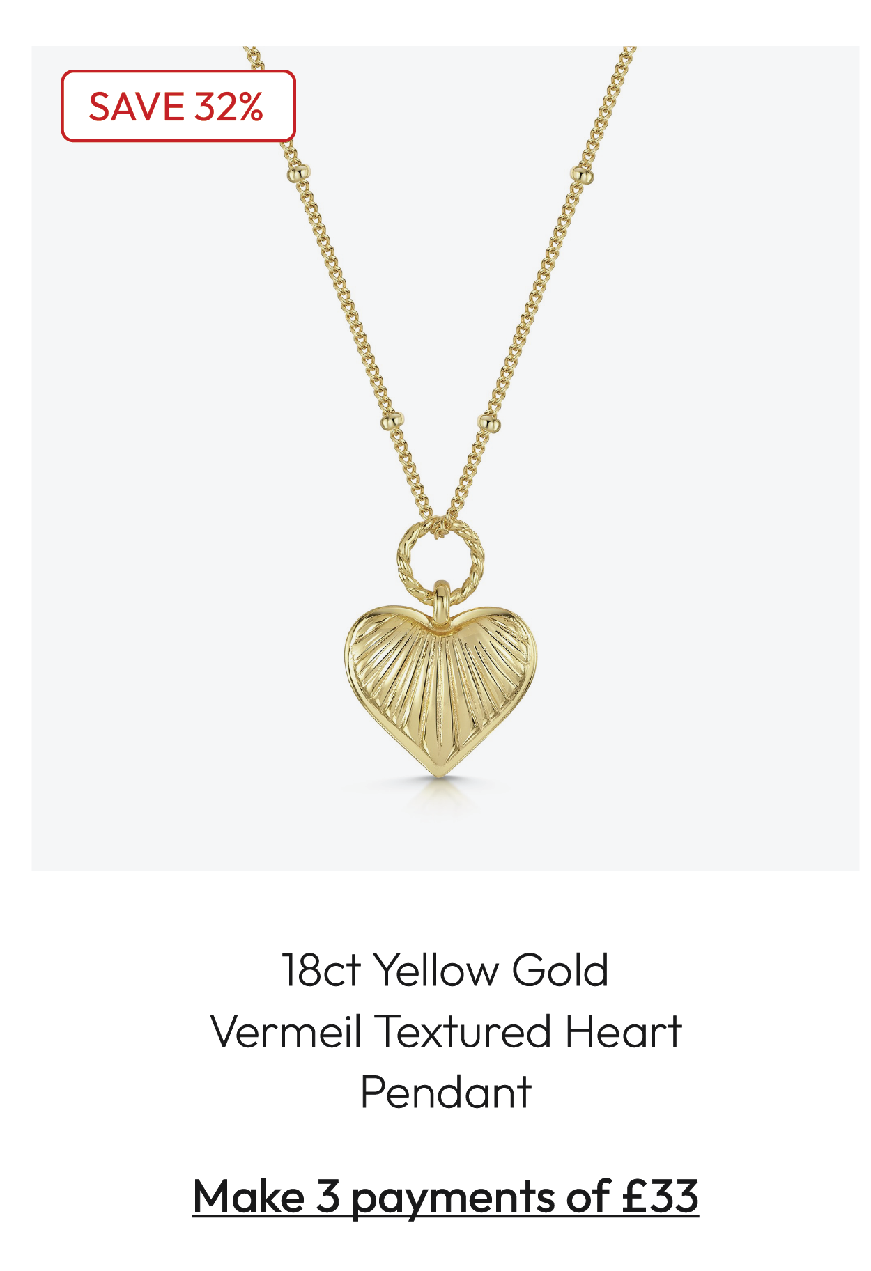 118ct Yellow Gold Vermeil Textured Heart Pendant