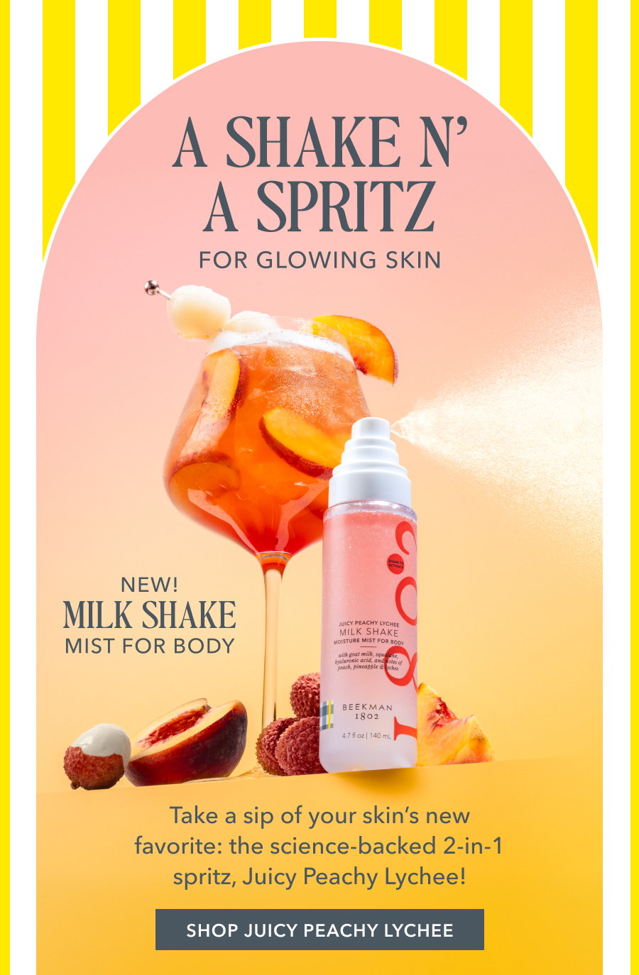 A Shake N' A Spritz For Glowing Skin | Take a sip of your skin's new favorite: the science-backed 2-in-1 spritz, Juicy Peachy Lychee! SHOP JUICY PEACHY LYCHEE