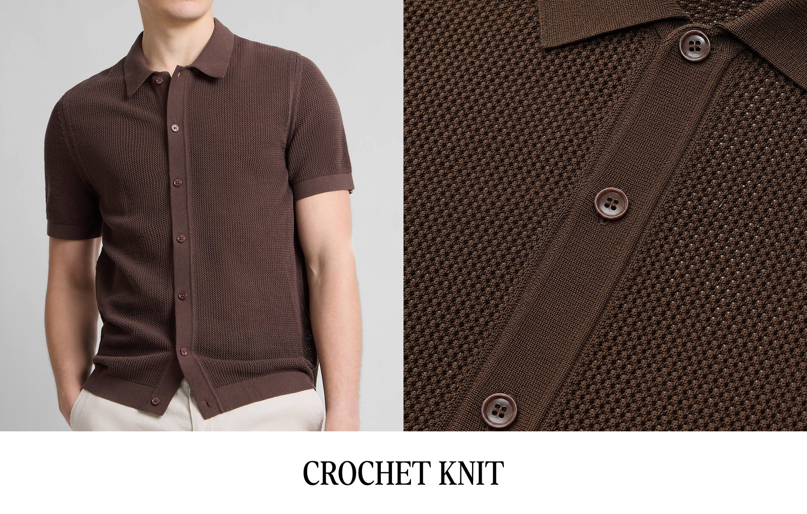 Onia Spring 2026 Men's Crochet Knit Button Up Shirt in Espresso
