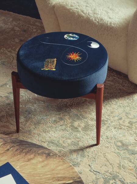Solstice Embroidered Velvet Round Footstool