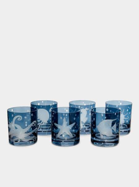 Sea Life Hand-Engraved Crystal Double Old Fashioned Glasses – 12.5oz/365ml (Set of 6)
