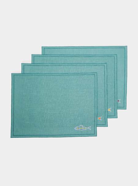 Sardines Embroidered Linen Placemats (Set of 4)