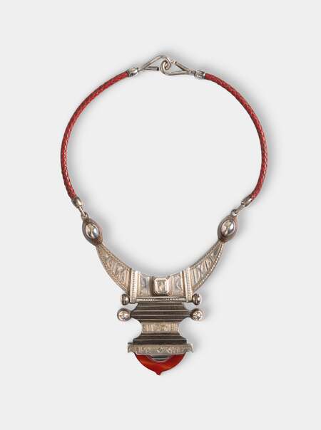 Women's Vintage 1994 Hermès French Bijoux Touareg Sterling Silver, Carnelian, Ebony and Leather Neck