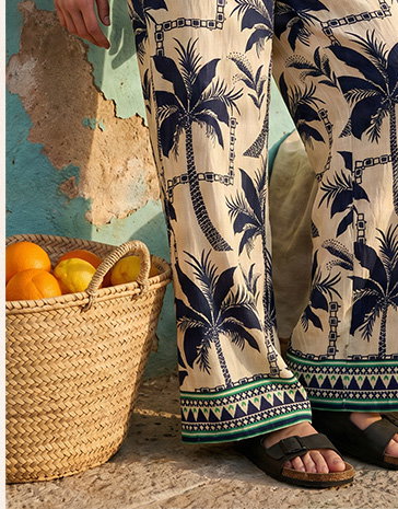 Neutral Palm Print Wide Leg Trousers