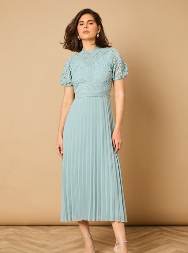 Lace Puff Sleeve Pleated Midi Dress