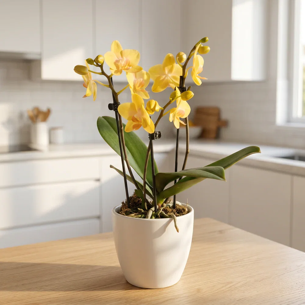 Phalaenopsis Sunny Glow mit zarten gelben Blüten und 3 Rispen