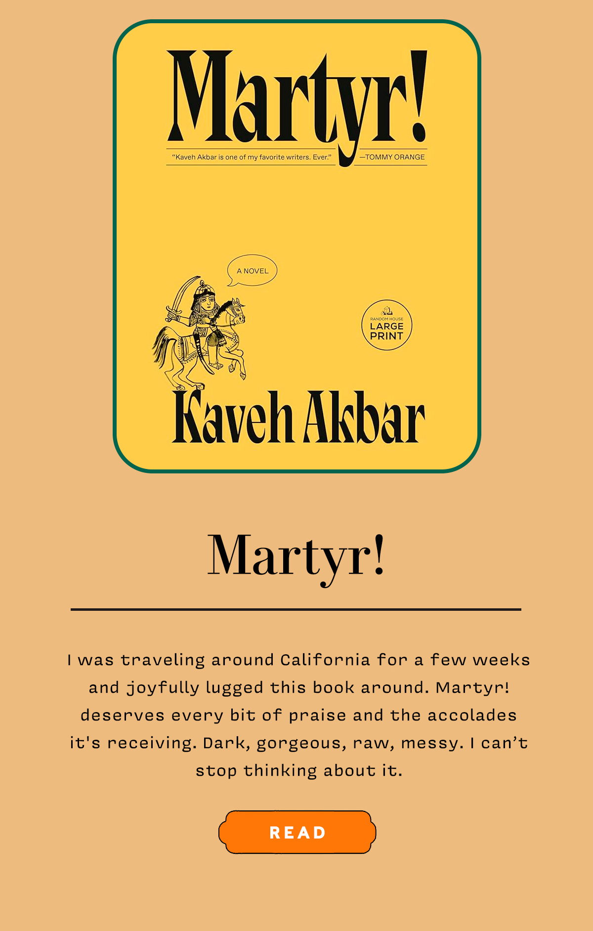 MARTYR!      I was traveling around California for a few weeks and joyfully lugged this book around. Martyr! deserves every bit of praise and accolades it's receiving. Dark, gorgeous, raw, messy. I can’t stop thinking about it.     READ