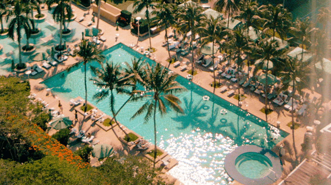 Aerial view of a palm-lined pool with loungers and umbrellas.