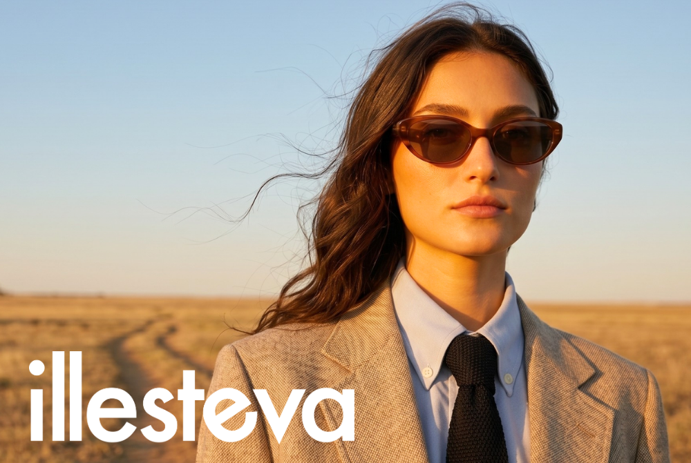 A wide landscape portrait of a woman standing in a golden, open field at sunset. She is wearing the Sheila sunglasses in a translucent honey-brown frame with dark lenses. Her outfit is a tailored tan blazer, a light blue collared shirt, and a black knit tie. The white illesteva logo is positioned in the lower-left corner against the blurred background of a winding dirt path.