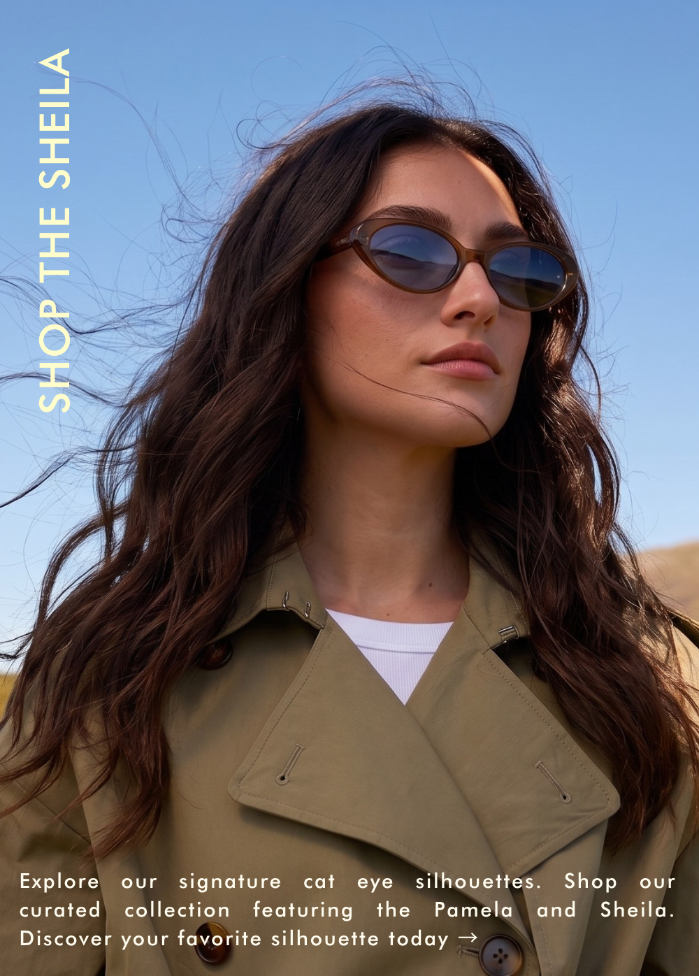 A portrait of a woman with curly brown hair wearing the Leonard II E sunglasses in black. The lighting is warm, suggesting sunset. The text reads: 
