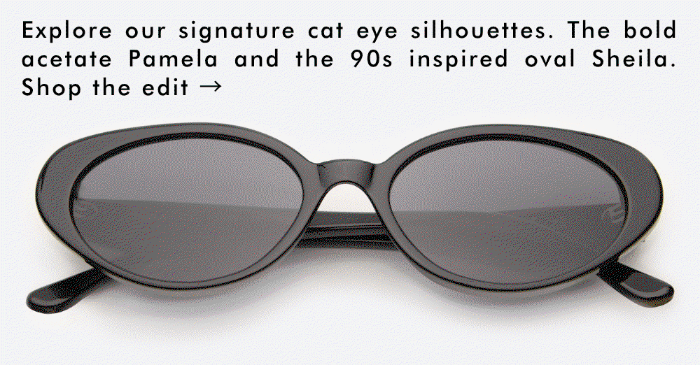GIF of frames with a bold, rounded oval silhouette. The text above the glasses reads: 