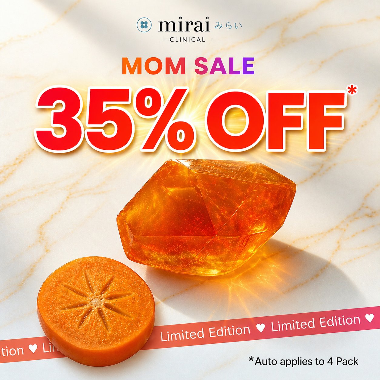 A promotion for Mirai Clinical's Mom Sale offering 35% off. The image features a slice of persimmon and a large amber-colored gem or soap. (square)