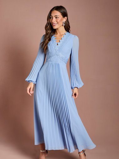 Pleat Detail Lace Trim Maxi Dress
