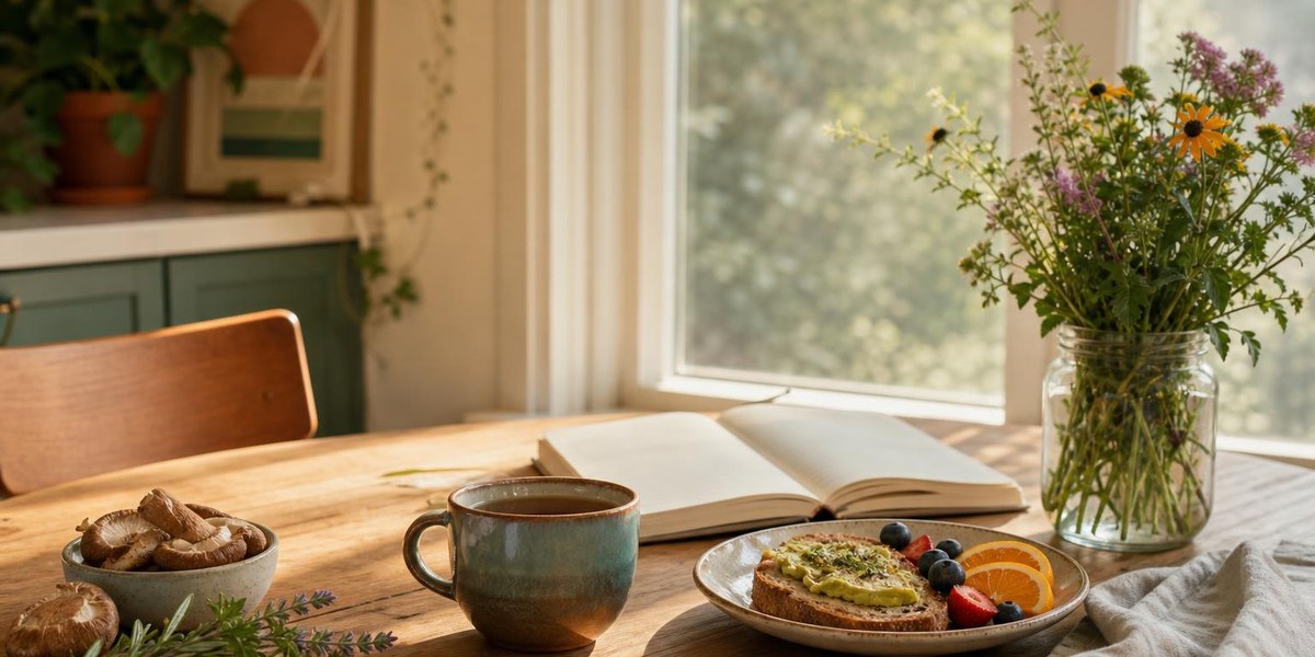 Warm weekend breakfast scene with flowers, tea, and mushrooms in morning light