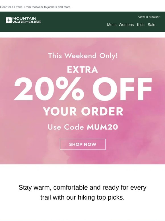 Gear up for less! 🏔️ Enjoy 20% off