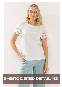 White Embroidered Sleeve Cotton T-Shirt