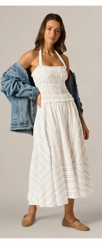 Smocked Seersucker Halter Midi Dress In Ivory Multi
