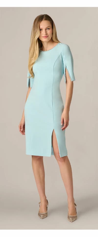 Short Split Sleeve Pearly Trim Sheath Dress In Clear Sky