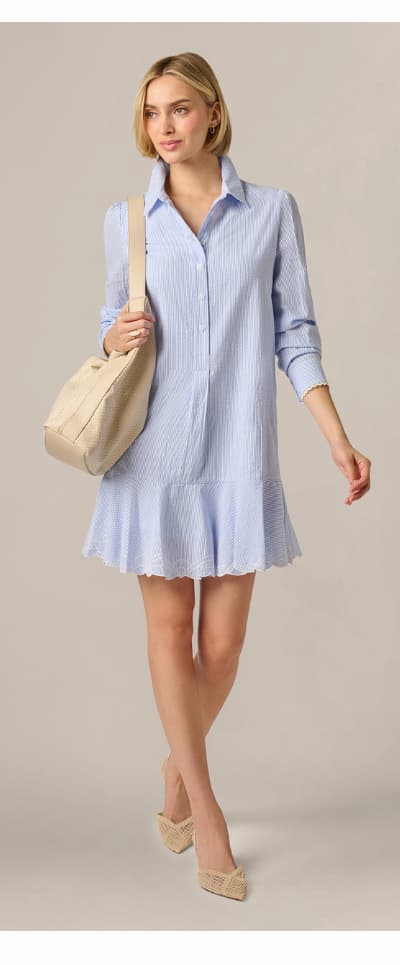 Long Sleeve Embroidered Hem Hailey Dress In Blue White