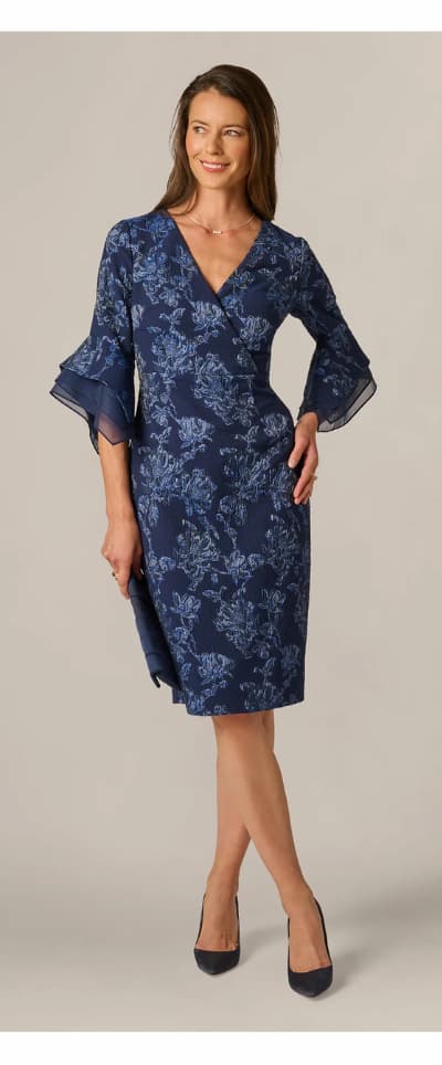Floral Jacquard Bell Sleeve Sheath Dress In Navy Sateen