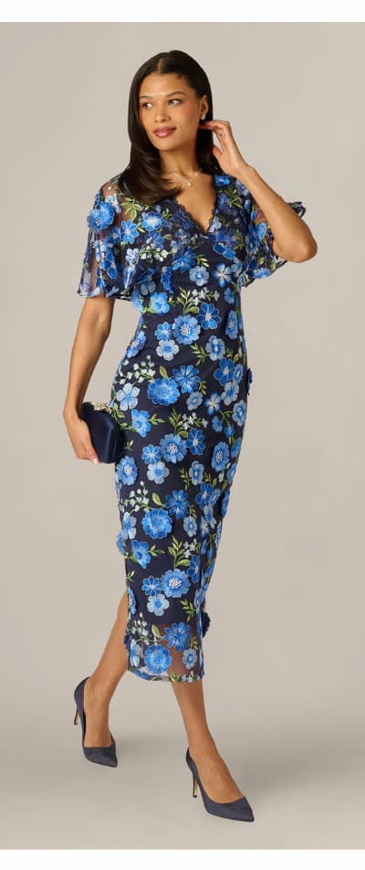 Cape Sleeve Floral Embroidered Midi Dress In Blue Multi