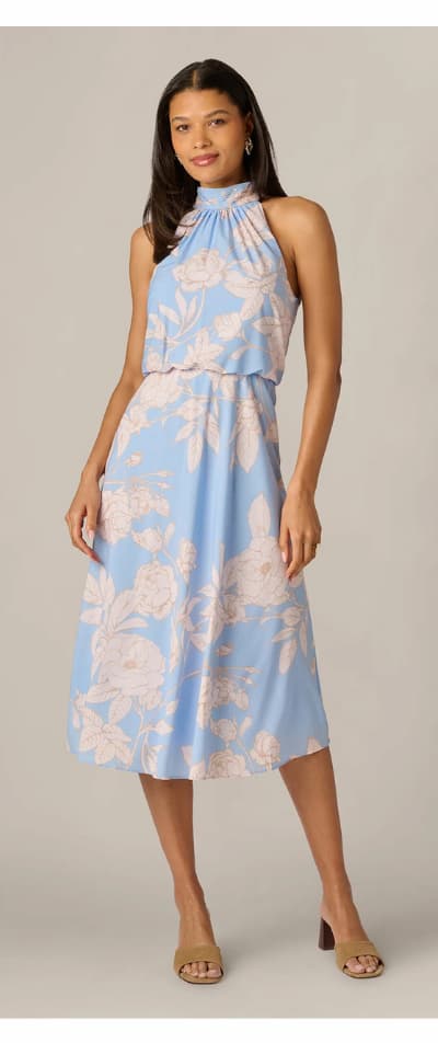 Floral Chiffon Blouson Halter Midi Dress In Blue Ivory