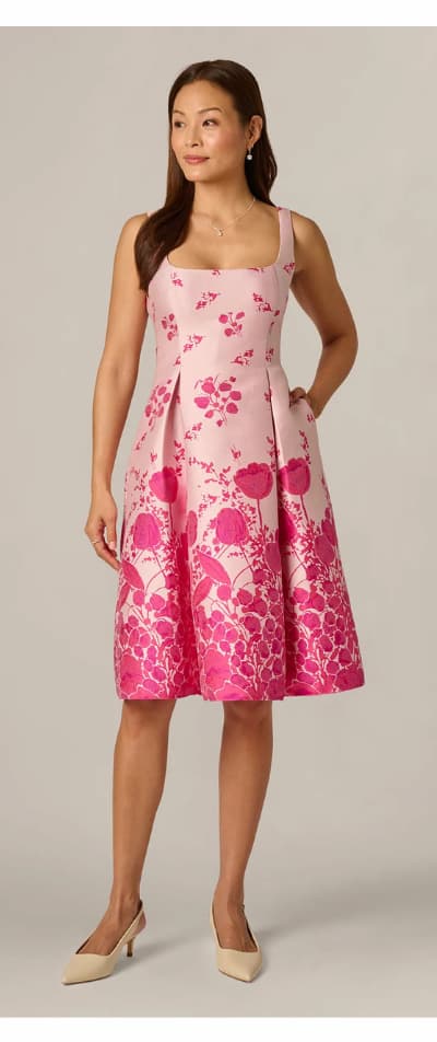 Square Neck Tulip Floral Border Jacquard Dress In Pink Multi