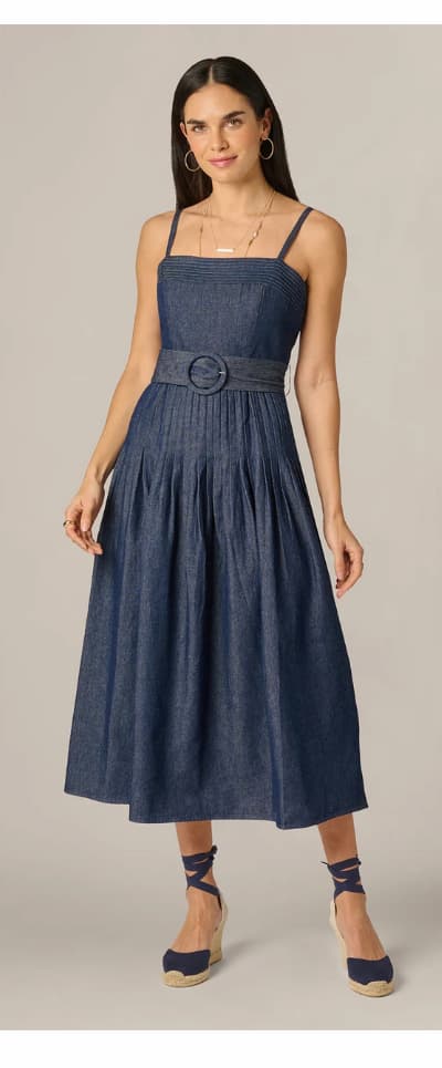 Cotton Denim Drop Waist Belted Midi Dress In Dark Denim