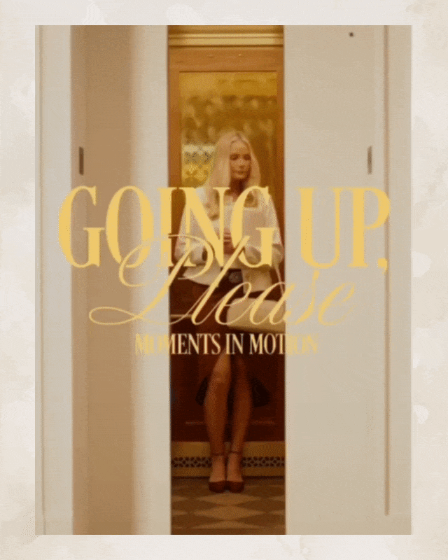Animated elevator scene with overlaid text: ‘Going Up, Love — Moments in Motion.