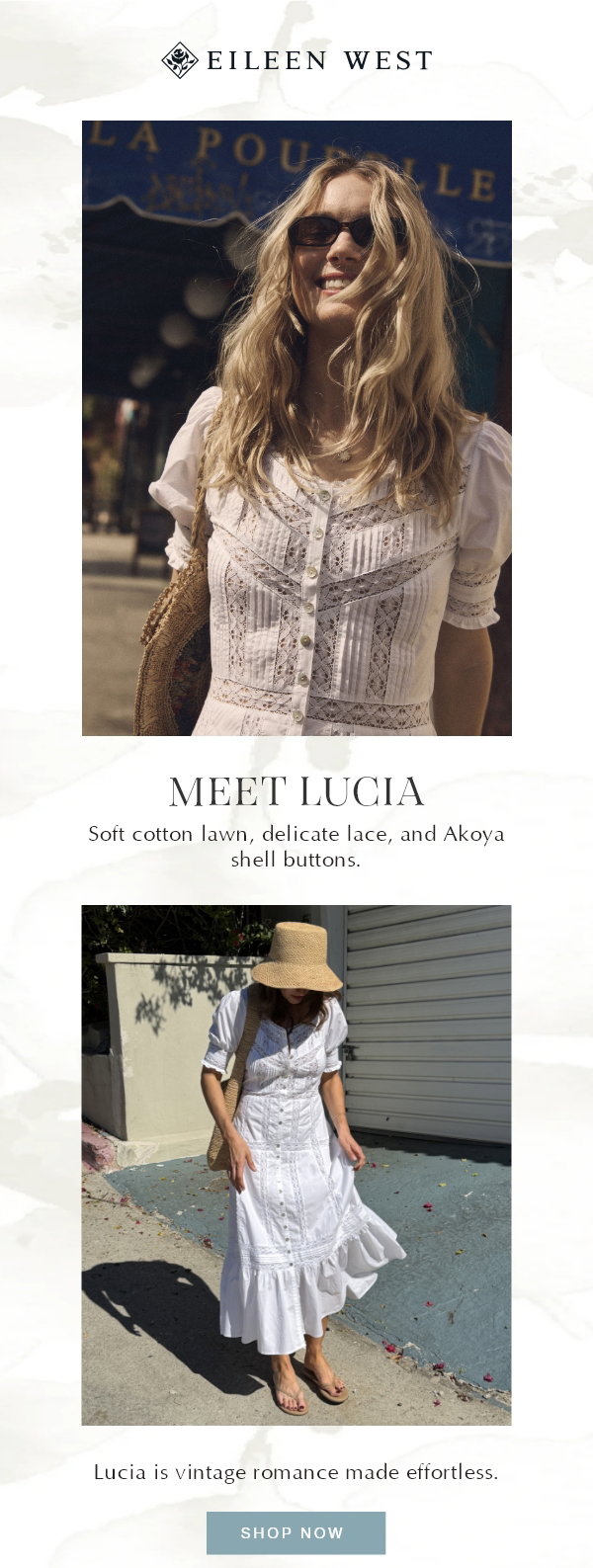 Soft cotton lawn, delicate lace, and Akoya shell buttons.