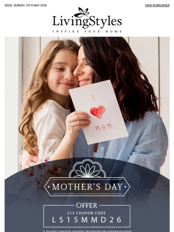 Surprise Mom this Mother's Day! Get total $15 off* storewide with our exclusive coupon. Limited time only, don't miss out! 🎉🛍️