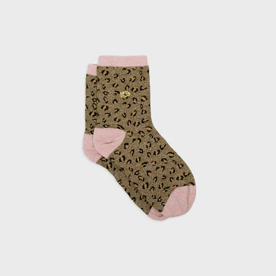 Chaussettes pailletées en coton peigné léopard - Vert olive