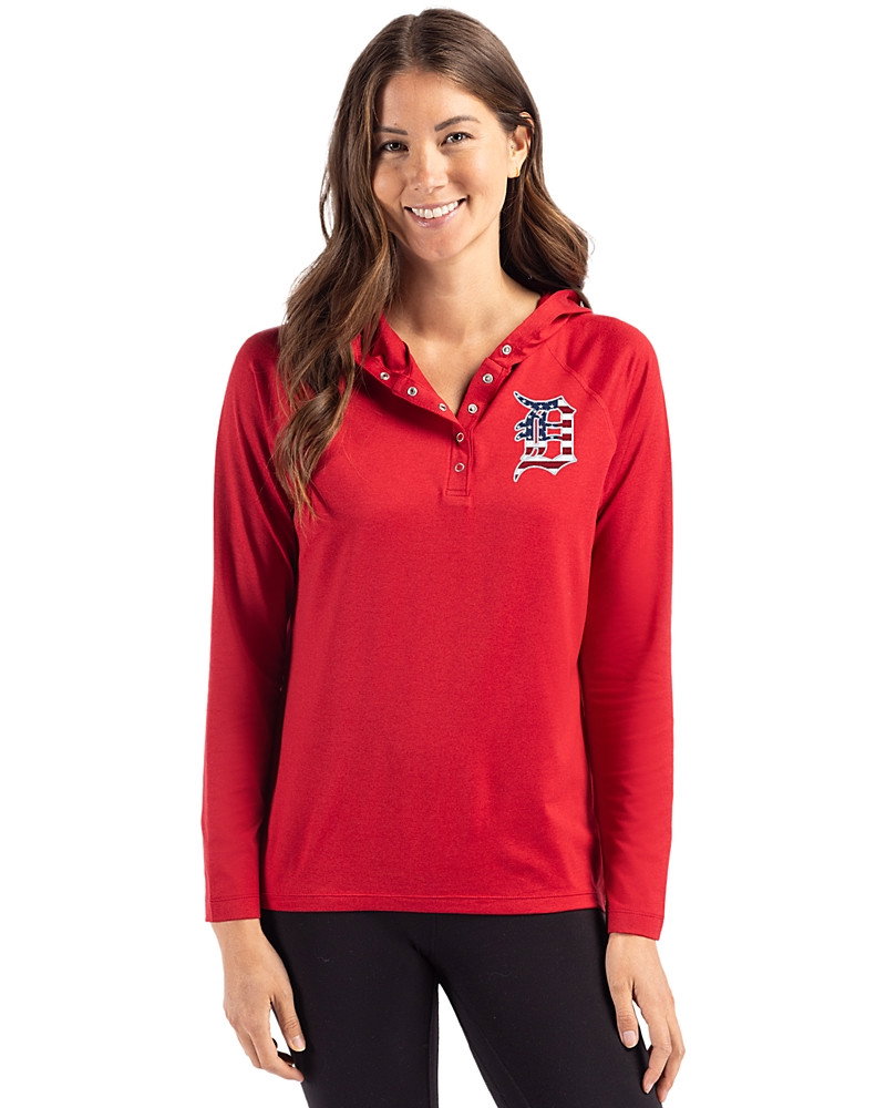 Image of Detroit Tigers Stars & Stripes Cutter & Buck Coastline Recycled Double Peached Womens Hooded Pullover