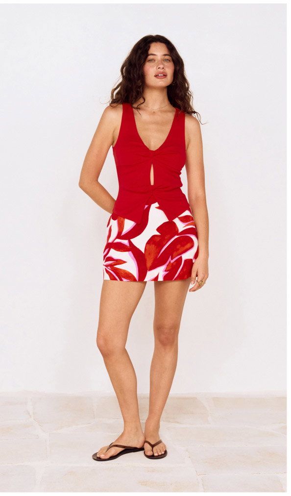Red Palm Print Mini Skirt