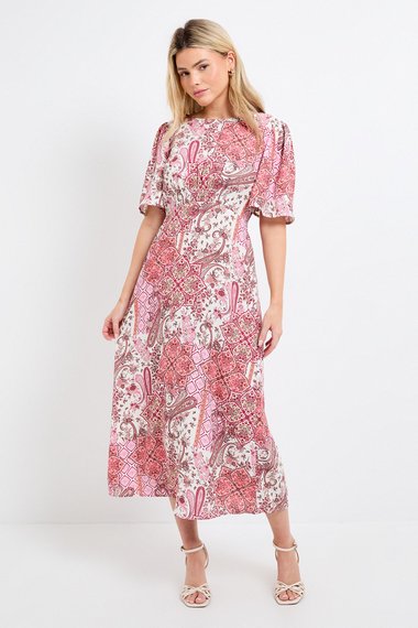 Paisley Flutter Sleeve Shirred Waist Midi Dress