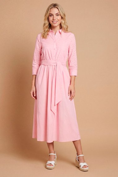 Contrast Broderie Belted Shirt Midi Dress